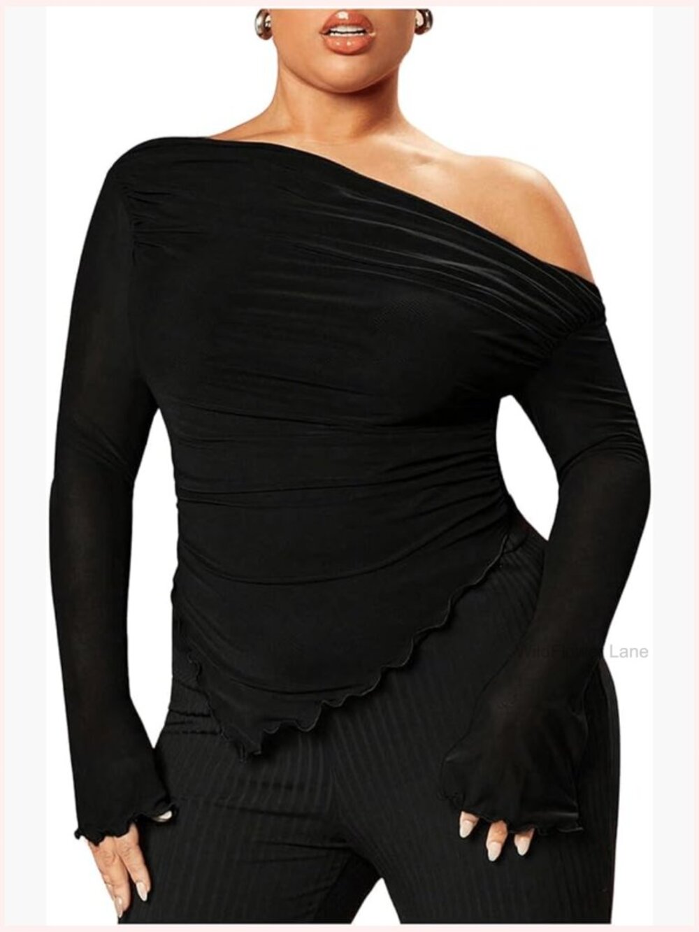 Off Shoulder Asymmetrical Long Sleeve Mesh Top Plus Size High Stretch